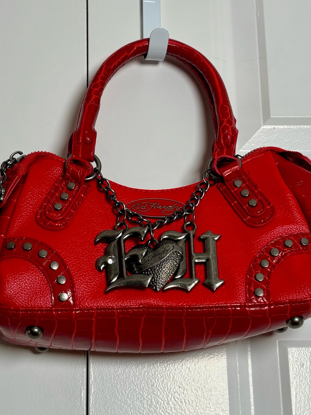 Ed Hardy Red Studded Snakeskin Trim Satchel Handbag